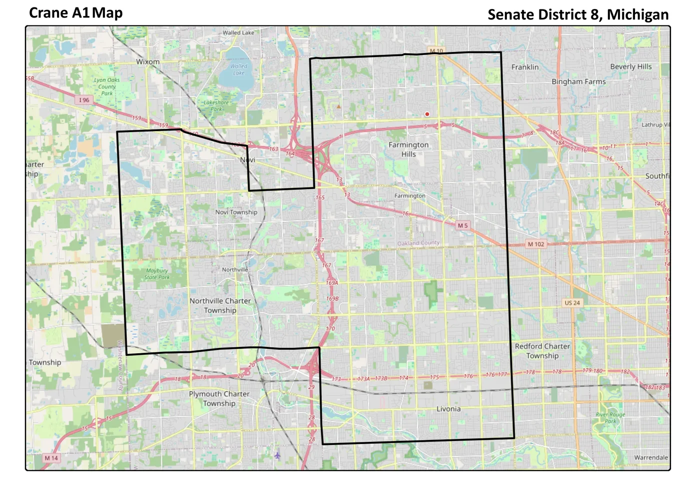 Map of newly redrawn Michigan State Senate District 8, including Farmington, Farmington Hills, Livonia, Northville, Northville Township, and most of Novi (Crane A1 Map)